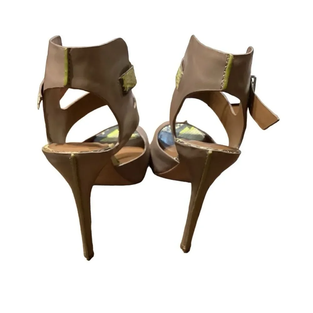 Rachel Roy Devyn Snake-Print Strappy Sandal Taupe/Lime Sz 7.5